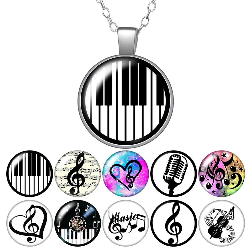 Music symbol Musical instrument piano Round Pendant Necklace 25mm Glass Cabochon Women Girl Jewelry Party Birthday Gift 50cm אזמרה הבית לכלי הנגינה שלך